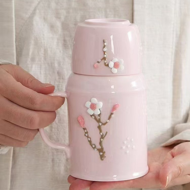 High quality fuchsia ceramic thermos flower-shaped