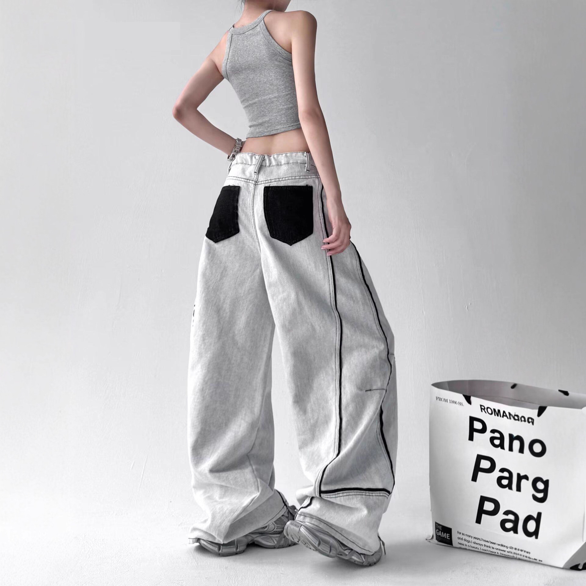 高街嘻哈阔腿拼瘦牛仔裤女夏设计感条纹拼色口袋百搭爵士舞弯刀裤