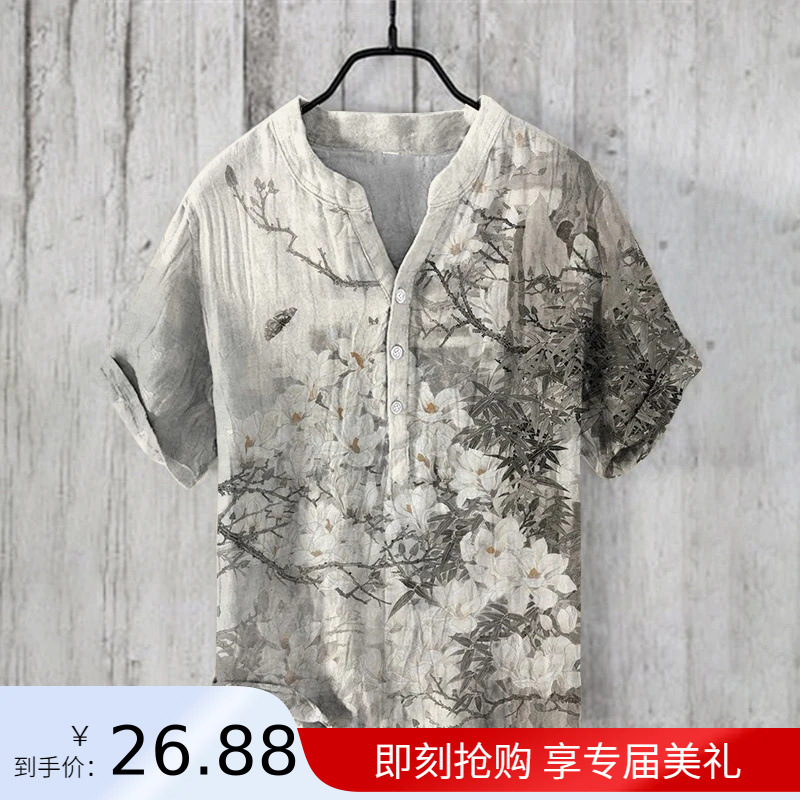 Chinese-style bamboo and plum blossom print digital V-neck men's pullover bamboo-joint linen casual short-sleeved shirt.