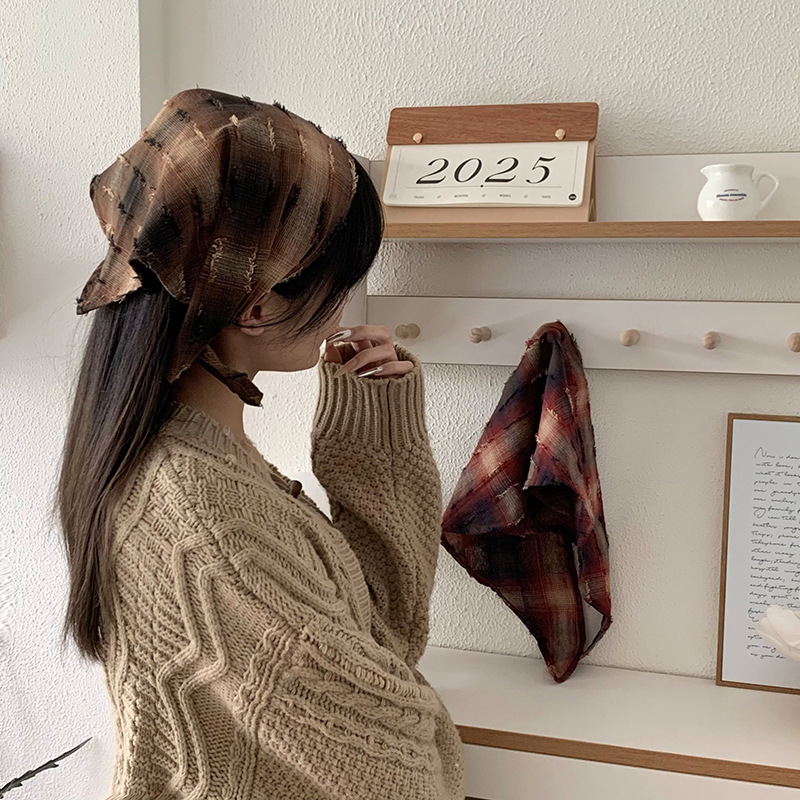 Bufanda triangular, babero, estilo de primavera y verano para mujer, bufanda de estilo literario, pañuelo a cuadros, diadema pastoral para mujer de verano, accesorios para el cabello, bufanda de seda, cintura