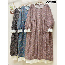 日系森系甜美长袖棉麻连衣裙2023秋季新款宽松大码假两件碎花裙女