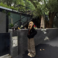 美式复古毛绒领拼接连帽卫衣女秋冬加绒加厚休闲宽松拉链开衫外套