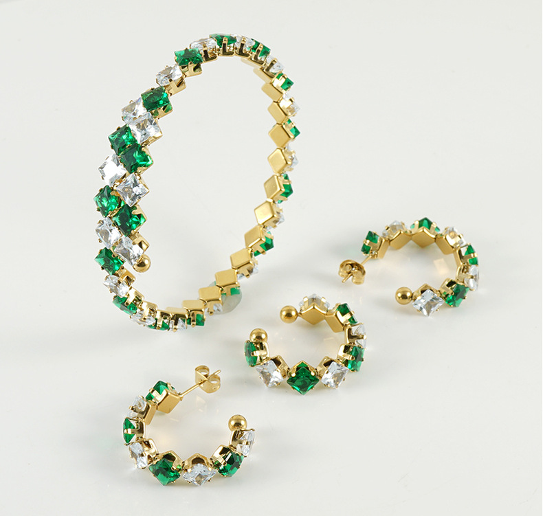 Simple Style Rhombus Titanium Steel Inlay Zircon Jewelry Set 1 Set