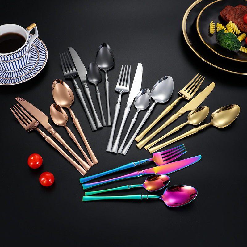 Pequeña cintura de acero inoxidable occidental cuchillo de carne y tenedor vajilla brillante titanio-plateado Hotel europeo occidental restaurante postre cuchara tenedor