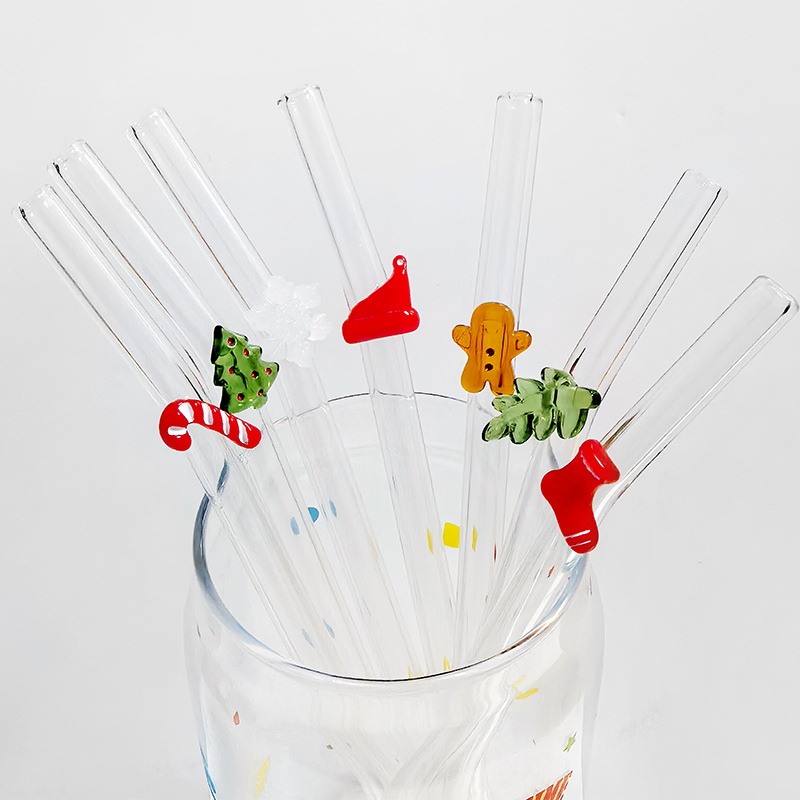 Pajita de vidrio de Navidad, borosilicato, árbol de Navidad creativo, hombre de pan de jengibre, bastón, codo, nuevo conjunto de existencias de fábrica