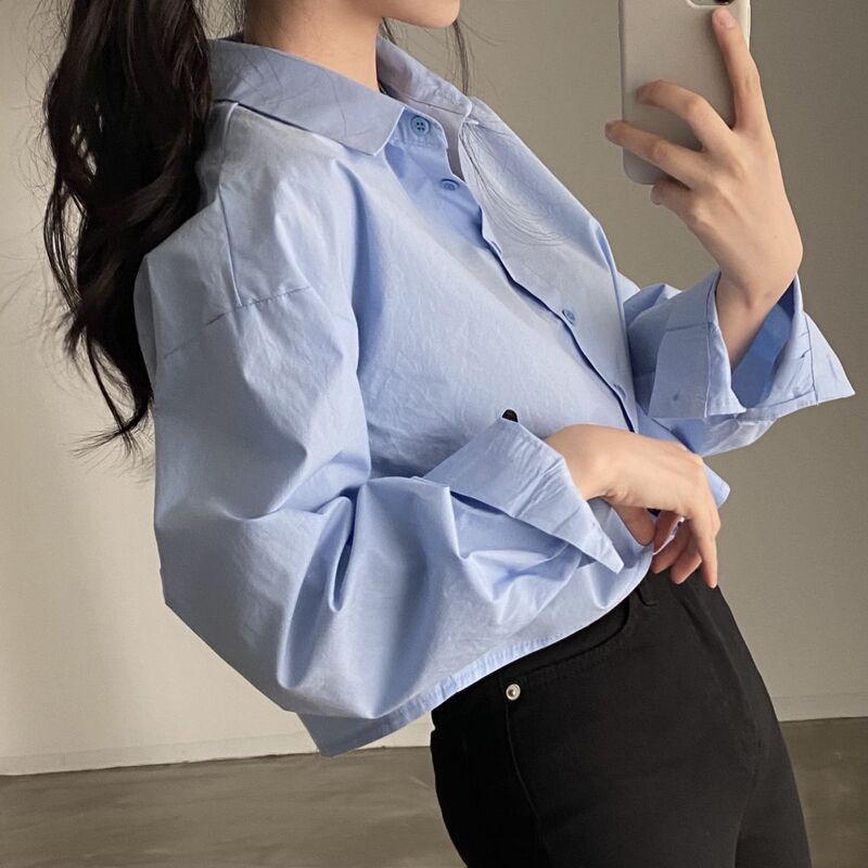 Korean Early Autumn French Niche Design Discreet Back Slit Loose Lapel Short Long-Sleeved Shirt for Women