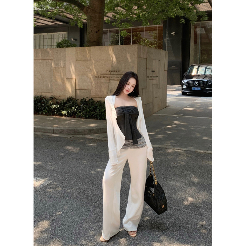韩系辣妹松弛感穿搭罩衫抹胸女拼接条纹腰头休闲裤套装女|undefined