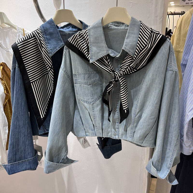 Striped Silk Scarf Denim Long-Sleeve Shirt for Women, Spring 2026 New Vintage Style, Petite Shawl Short Denim Top