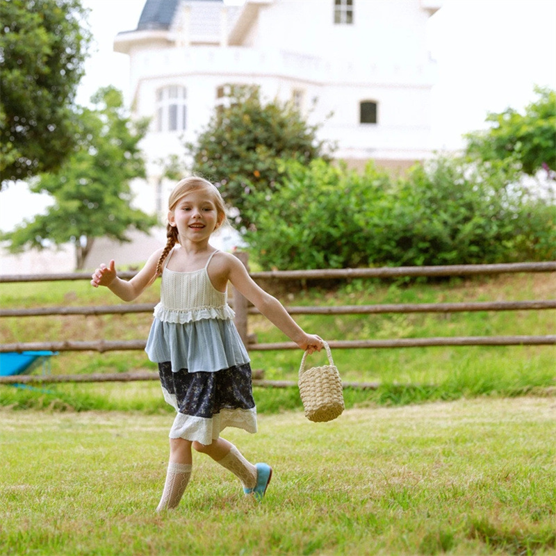 Qianqiu vestidos de cabina de chicas verano nuevos niños flores cortas pastel vestido de estilo de vacaciones