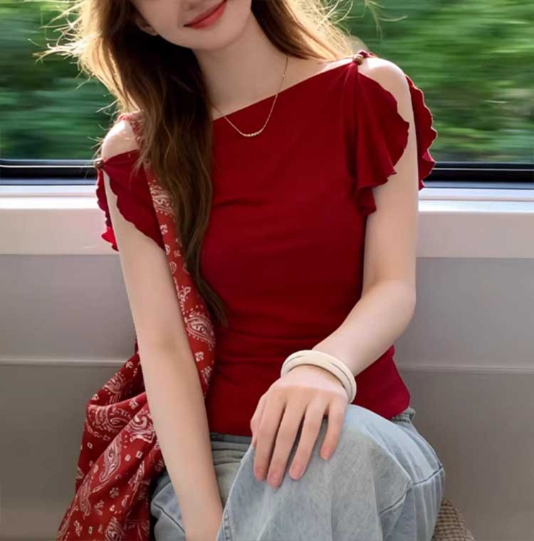 Áo thun nữ không tay cổ chữ V phối dây buộc eo, dáng ngắn ôm sát — màu đỏ chi tiết 2