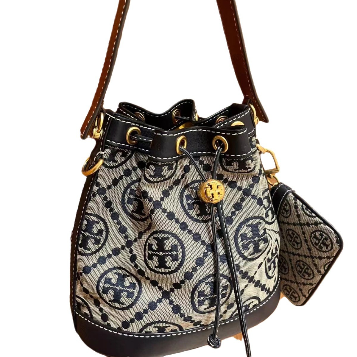 TB New Monogram Canvas Drawstring Bucket Bag Luxury Lightweight Shoulder & Crossbody Bag for Women - Thumbnail 5
