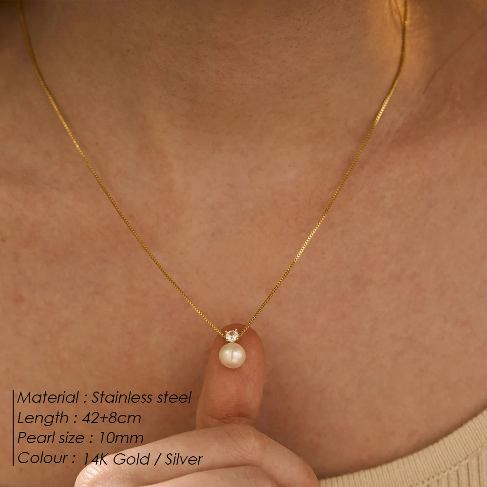 St Delan Simple Pearl Zircon Necklace Women's Stainless Steel