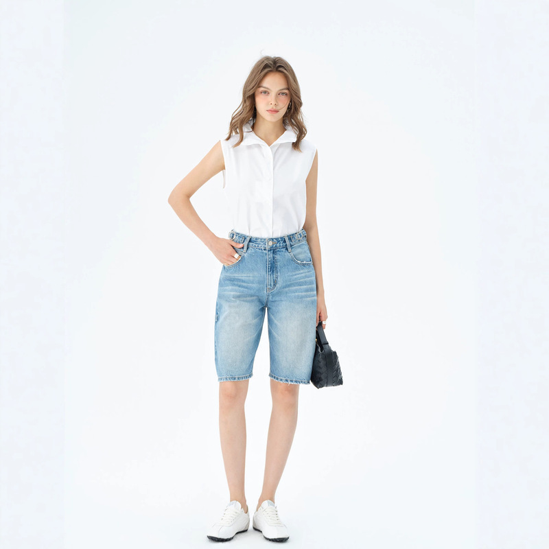 Mbb Two-Color Non-Stretch Denim Shorts for Women, Summer Fashion High-Waisted Light-Colored Structured Loose Straight Shorts Mbb Two-Color Non-Stretch Denim Shorts for Women, Summer Fashion High-Waisted Light-Colored Structured Loose Straight Shorts