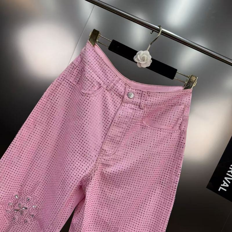 亮闪闪烫钻设计感手工花朵显瘦直筒街潮服牛仔裤|undefined