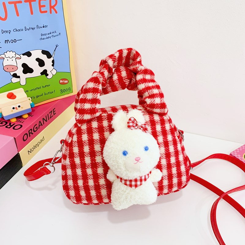 Bolsa de hombro coreana para niñas, lindo conejo blanco, bolso de moda a cuadros para bebés 2025 nuevo bolso de peluche para niños