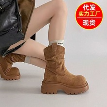 2025秋冬季新款复古风绒面短靴设计感时尚百搭纯色厚底中筒马丁靴