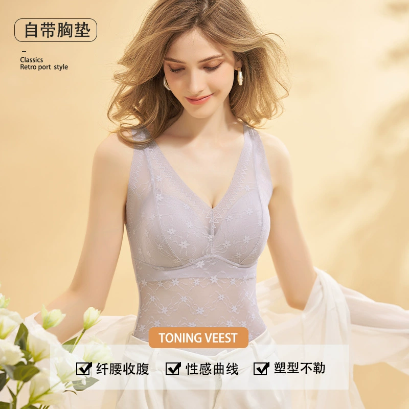Lace vest, breast pads, comfortable breathable wireless bra, underwear, V-neckline, slim fit