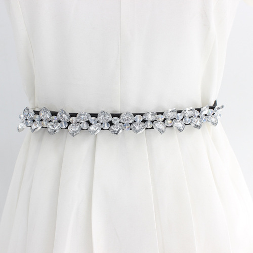 Snap elastic belt for women decorated with rhinestones and crystals for dresses, versatile elastic thin belt, black girdle