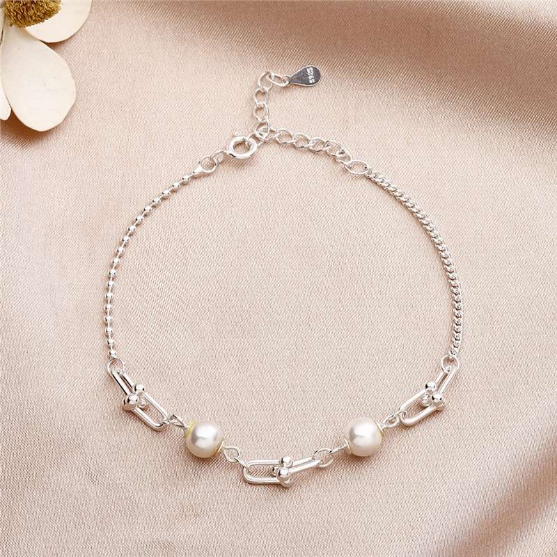 玖凤祥纯银手链女马蹄扣天然淡水珍珠手饰典雅精致时尚个性设计高