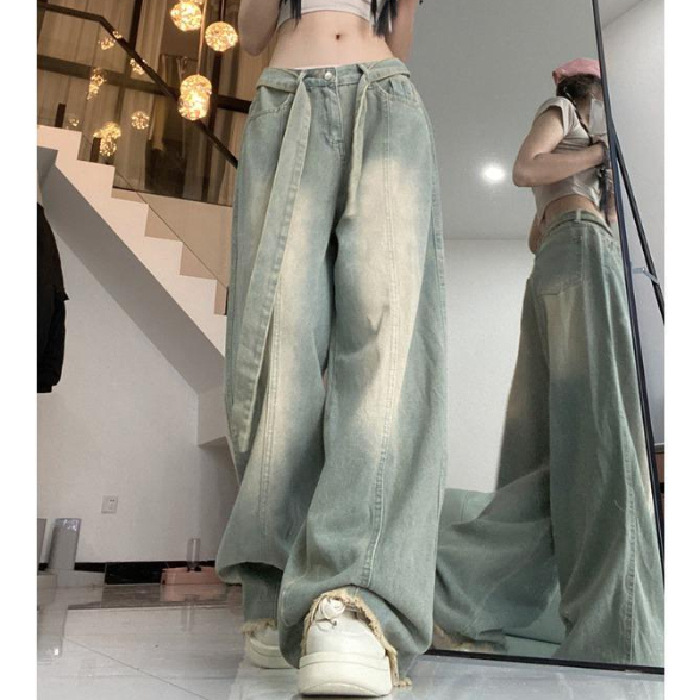 美式复古牛仔裤女新款春夏做旧绑带设计感ins风水洗显瘦阔腿长裤|undefined