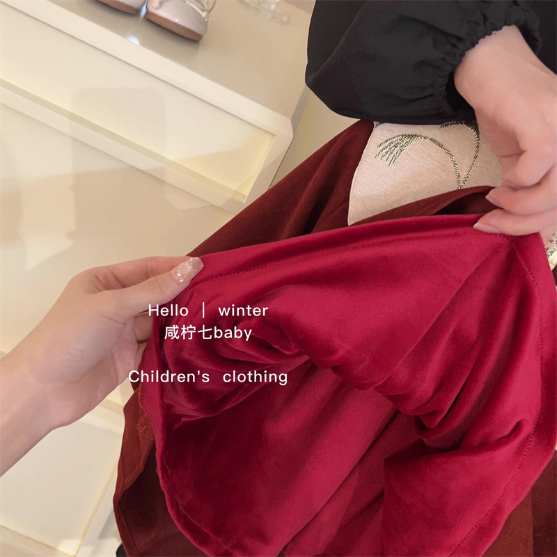 Niñas invierno bordado vestido de hombro nublado vestido de Año Nuevo vestido rojo vestido de Año Nuevo chino vestido de princesa infantil