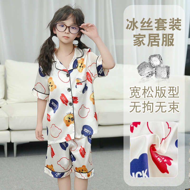 Ropa para niños Conjunto de pijamas para niños Primavera y verano Pantalones cortos de manga corta para niños y niñas Estilo delgado Ropa para el hogar para niños de mediana edad Ropa para niños al por mayor
