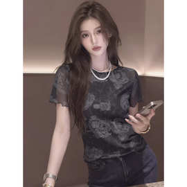 冰丝网纱显瘦圆领短袖T恤女夏季新款洋气修身小衫时尚印花上衣潮