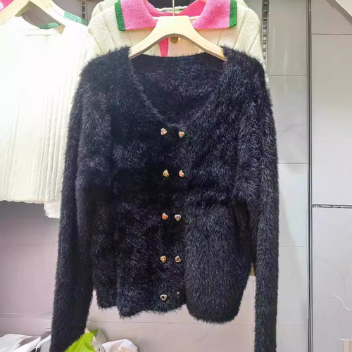 Women's Short-Sleeve Round Neck Knit Cardigan with imitation mink soft fabric, new autumn and winter fashion topcoat with double-breasted button design.