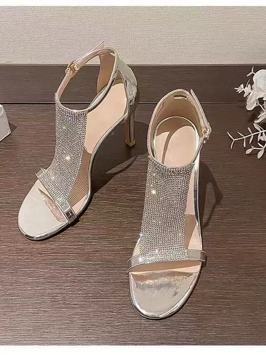 Новые женские босоножки-стилето в стиле богини, лето 2024, открытый носок, ремешок с камнями, модные, на высоком каблуке