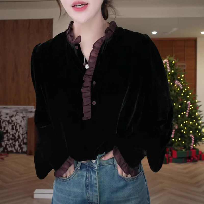 French Velvet Spliced Lace Shirt Long-Sleeved 2025 Autumn and Winter New Style Plus Size Slimming Look Loose High-End Top for Fat mm