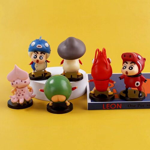 Q version solid PVC seafood ingredients Crayon Shin-chan 6-piece set with base, car ornaments, anime figure model