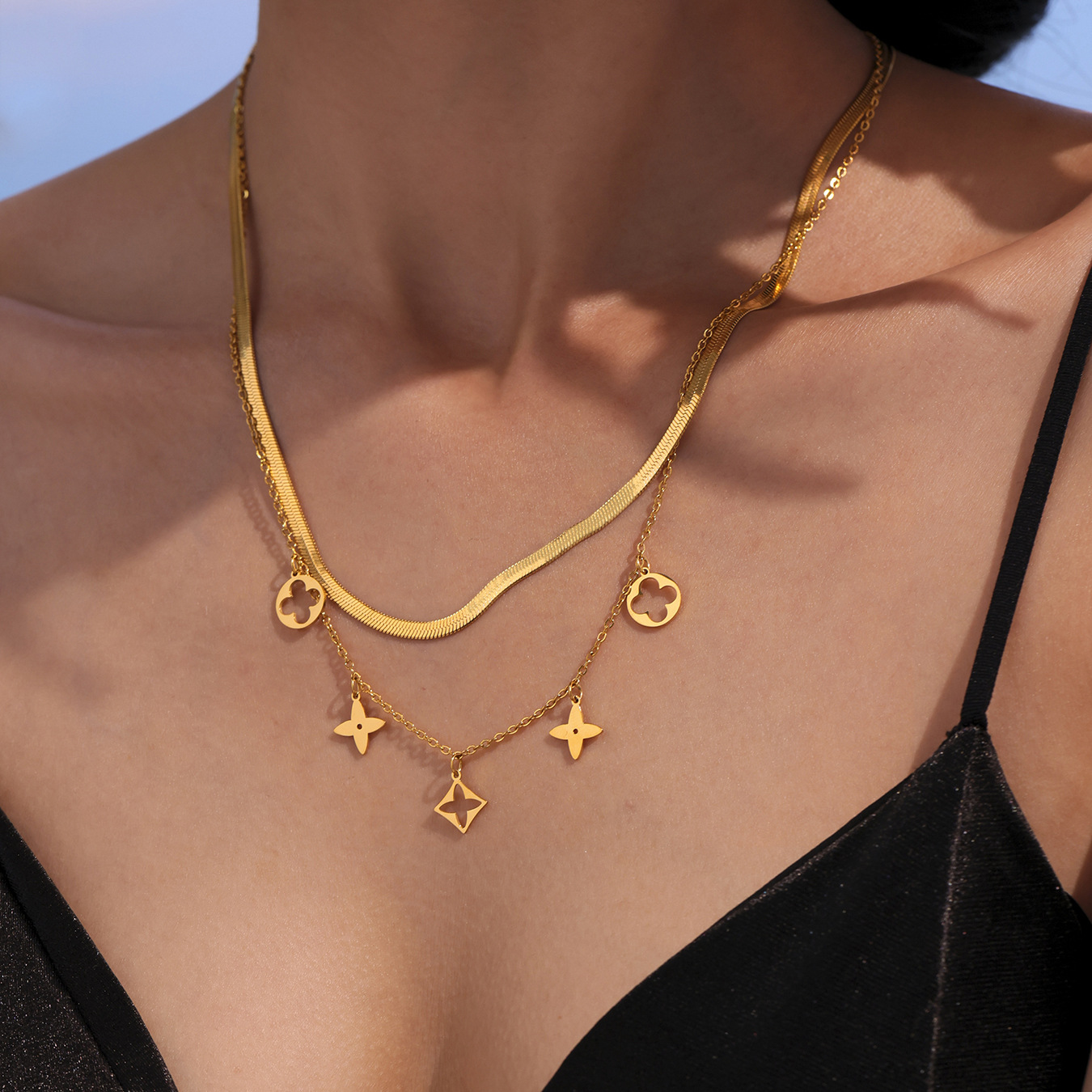 Sugar nuevo colgante de trébol de cuatro hojas de flores huecas de doble cara, doble capa, cadena de clavícula, pulsera, tobillera, juego de joyas