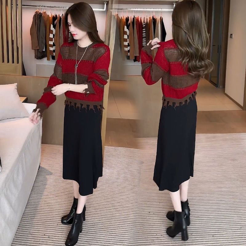 时尚连衣裙女2025秋冬新款洋气显瘦条纹毛针织衫吊带裙两件套装裙|undefined