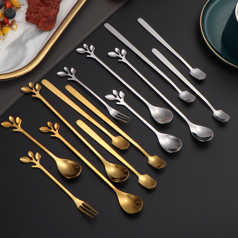 Cuchara de acero inoxidable Cuchara de hoja tenedor Cuchara de café de mango largo de cabeza cuadrada Cuchara para mezclar miel Taza cálida Taza de regalo