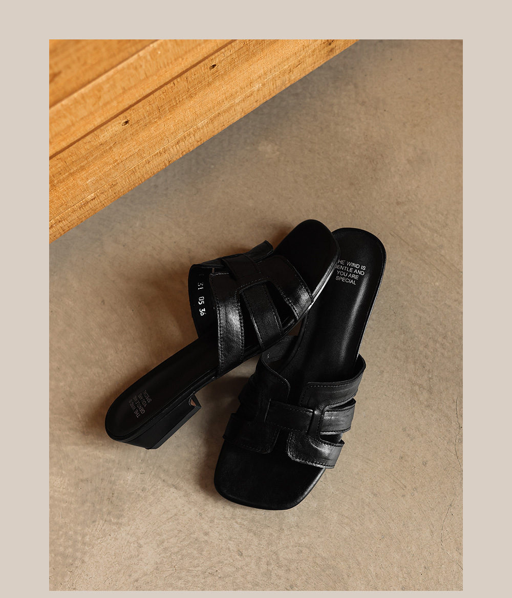 Sandal nữ da bò gót vuông thấp mũi vuông hở ngón phong cách Hàn Quốc — đen chi tiết 20