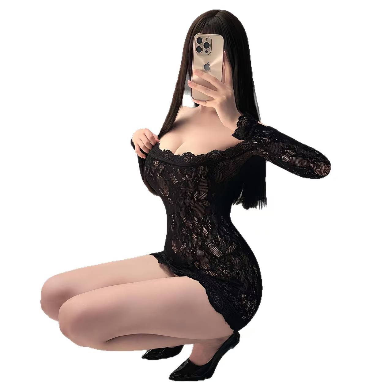 Seductive Maid Roleplay Costume Set, Polyester Uniform with Net Dress, One Size Black — detail image 6