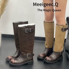 显瘦长筒靴子拼接堆堆靴女小众复古增高厚底小个子骑士靴