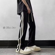 条纹裤子男夏季美式潮牌设计感小众裤脚拉链开叉直筒休闲运动长裤