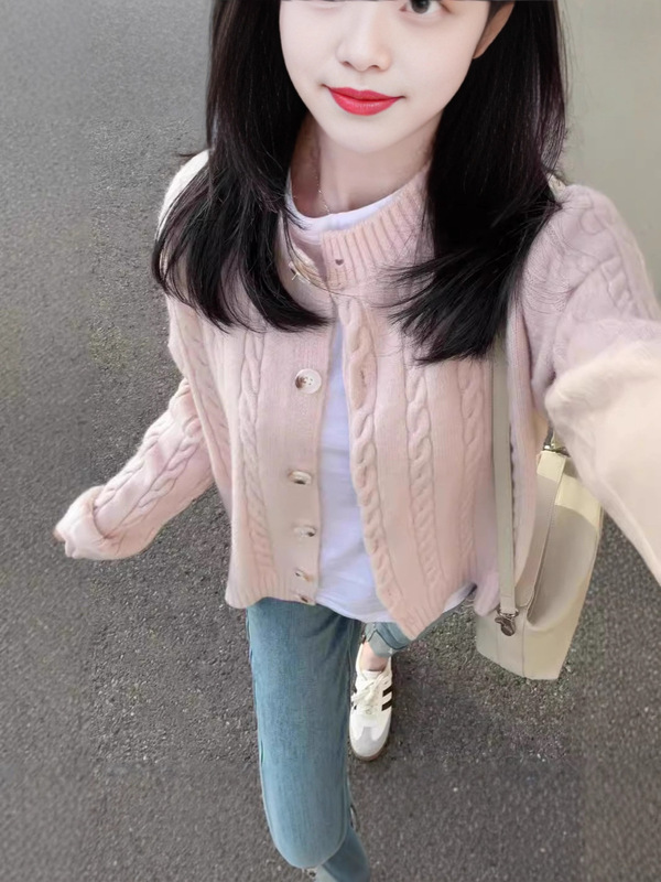粉色麻花针织开衫女春秋2025新款显瘦长袖学院风上衣短款毛衣外套|undefined