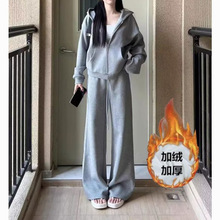 运动服套装女2025秋冬新款欧货休闲灰色加绒小香风减龄卫衣两件套