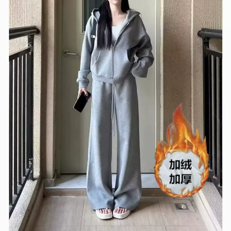 运动服套装女2025秋冬新款欧货休闲灰色加绒小香风减龄卫衣两件套