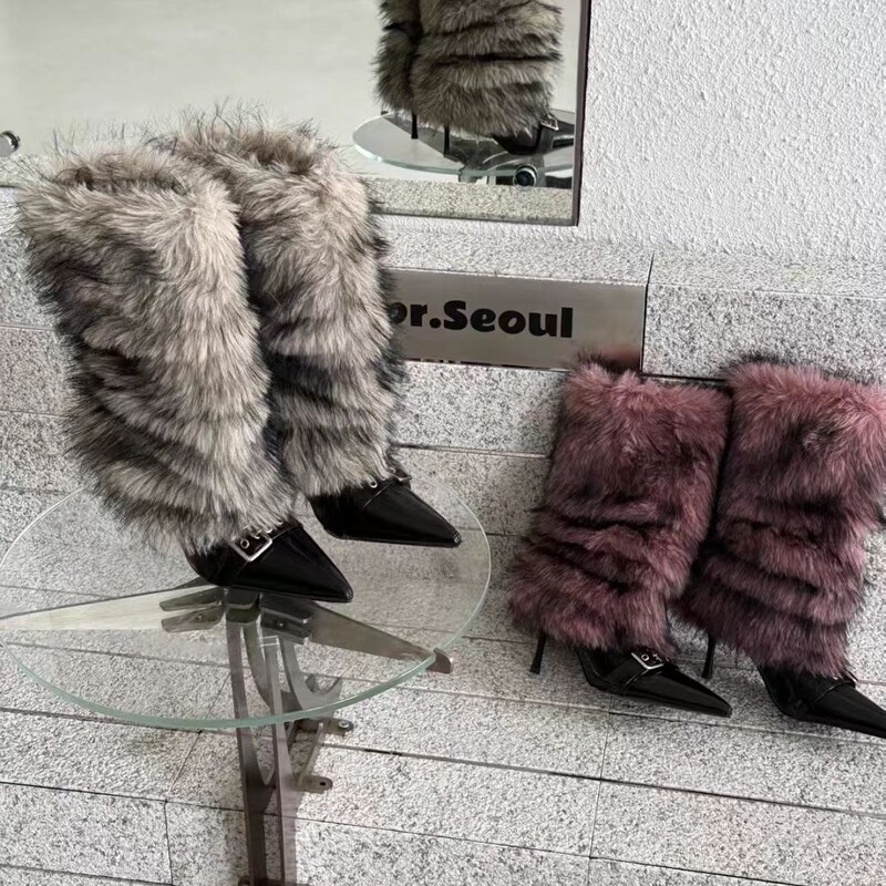2025 Autumn Fashion Belt Buckle Stiletto High Thin Slim Furry Knight Over-The-Knee Straight Warm Women's Boots