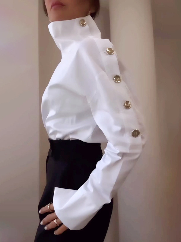 2026 Amazon New Cross-Border European and American Style Elegant High-Neck Metal Buckle Off-Shoulder Shirt Top Women's Clothing