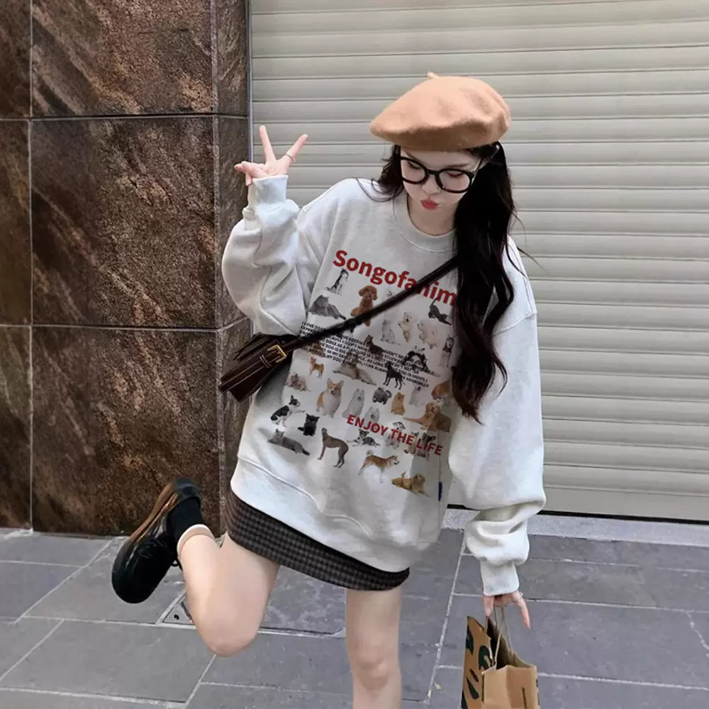 圆领无帽卫衣女长袖美式正肩早秋穿搭2024小个子春秋复古薄款上衣