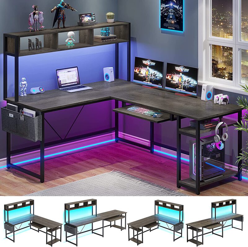 Office Desk with Led Light, Home Boss Desk, Cross-Border Special Corner Computer Desk, Open Storage Space Desk