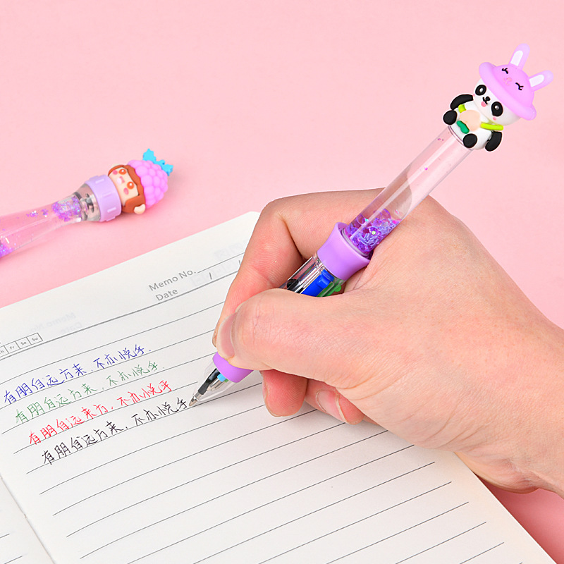 Nuevos dibujos animados creativos de arena flotante de cuatro colores bolígrafo adorable bolígrafo de mano pulsar bolígrafo de color estudiantes papelería al por mayor