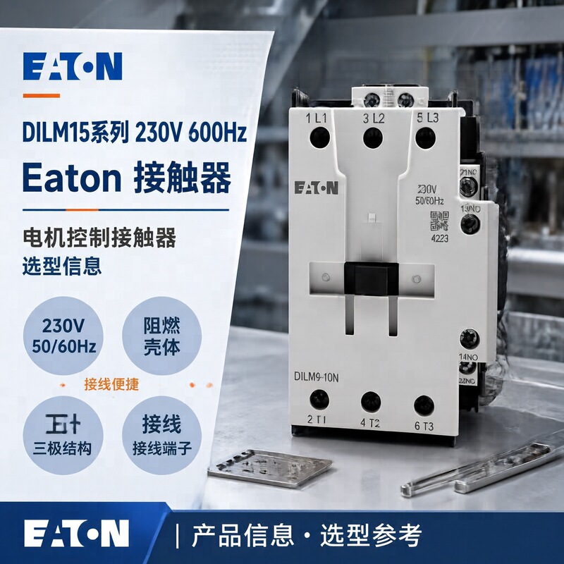 AC contactor is resistant to high temperatures, falls, dust, and water, used for motor control and power distribution systems, DILM15-01N Eaton 230V