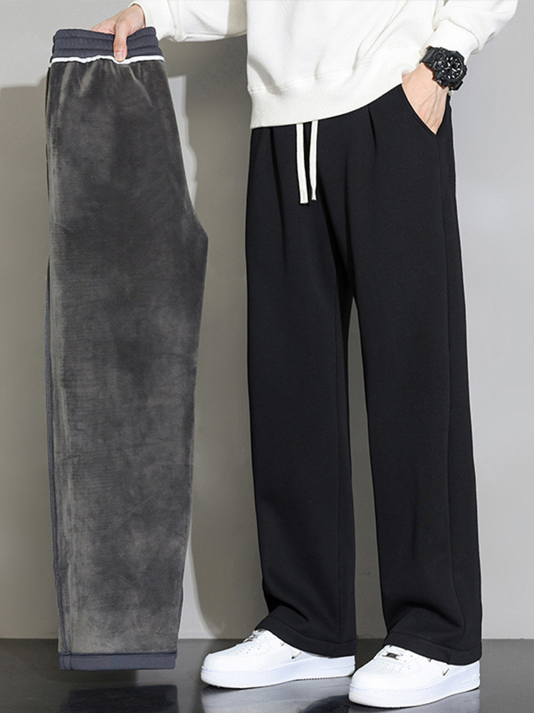 Autumn and Winter Wide-Leg Pants for Men, Fleece-Lined, Straight-Leg, Loose-Fitting, Sporty Casual Long Pants, Black Sweatpants, 2025 New Model