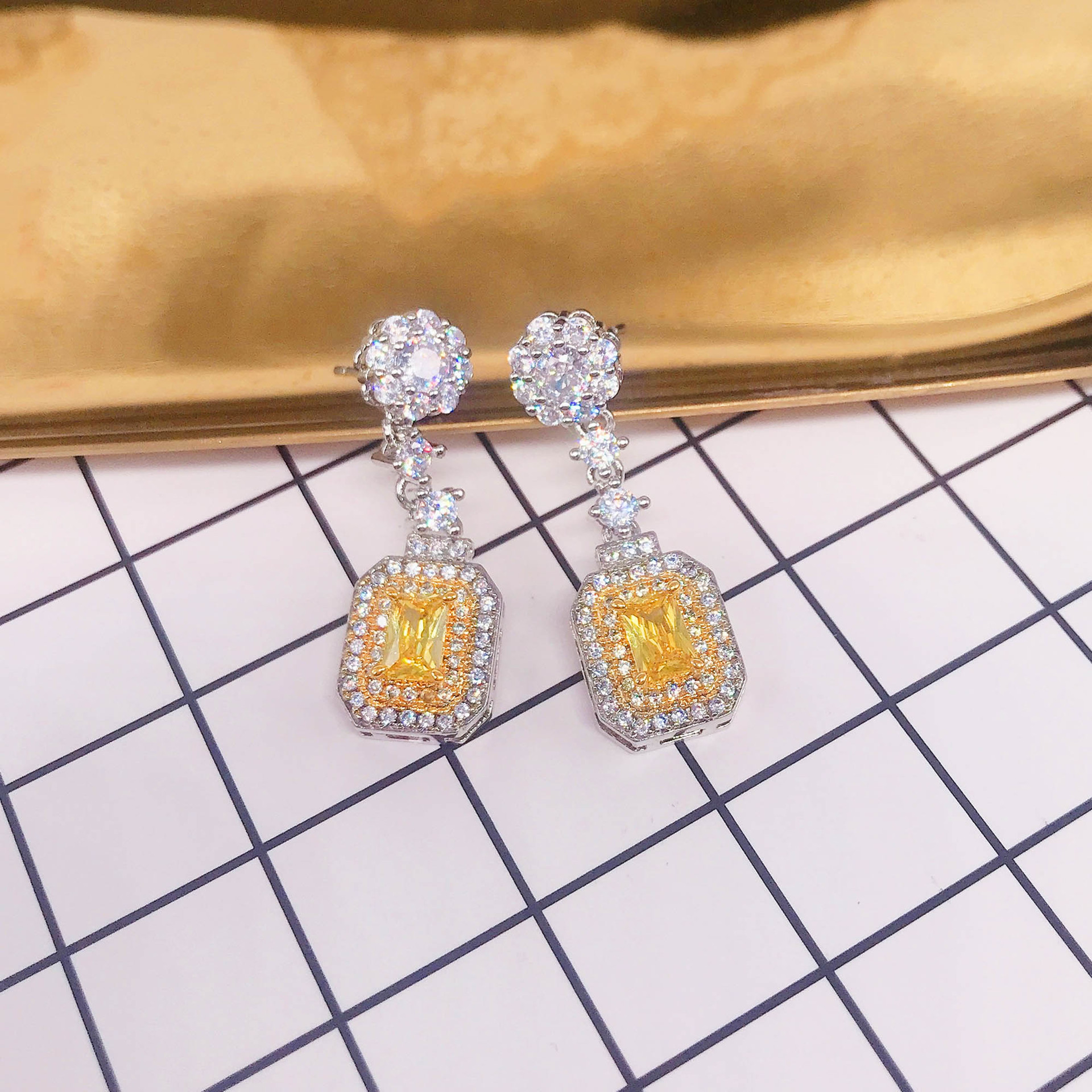 New Micro-inlaid Yellow Square Diamond Earrings Ear Jewelry display picture 1