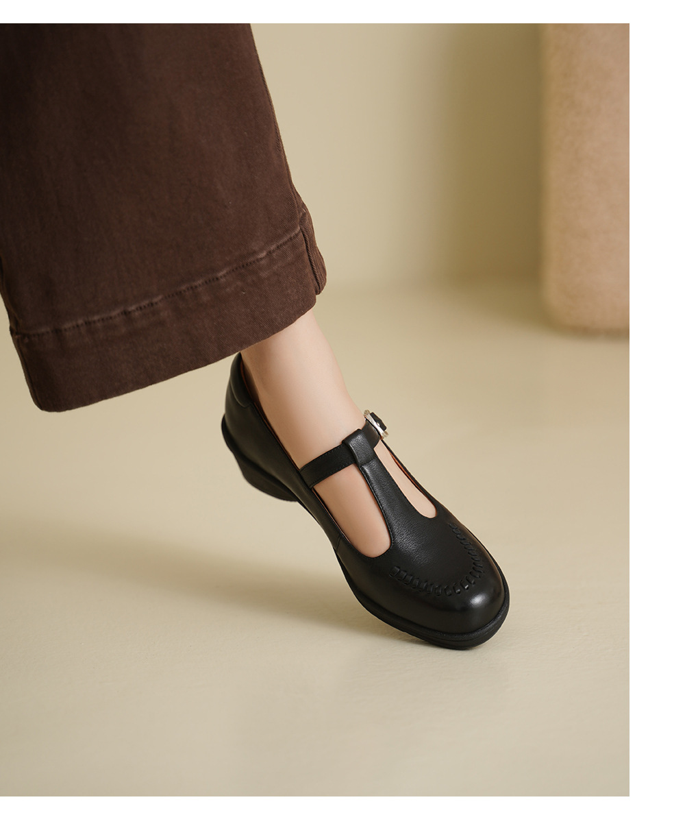 Giày Mary Jane nữ da bò mũi tròn đế mềm gót vừa phong cách Anh quốc — đen chi tiết 7